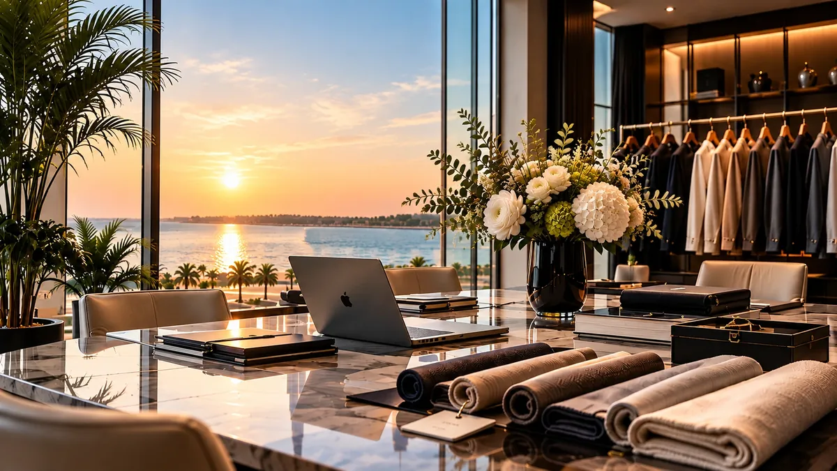 Elegantes B&uuml;ro mit Stoffrollen und Kleiderstangen bei Sonnenuntergang am Meer