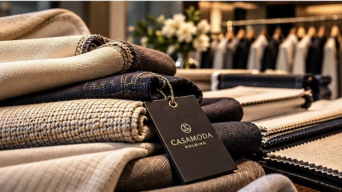 Gefaltete Stoffe mit CASAMODA-Etikett im Showroom