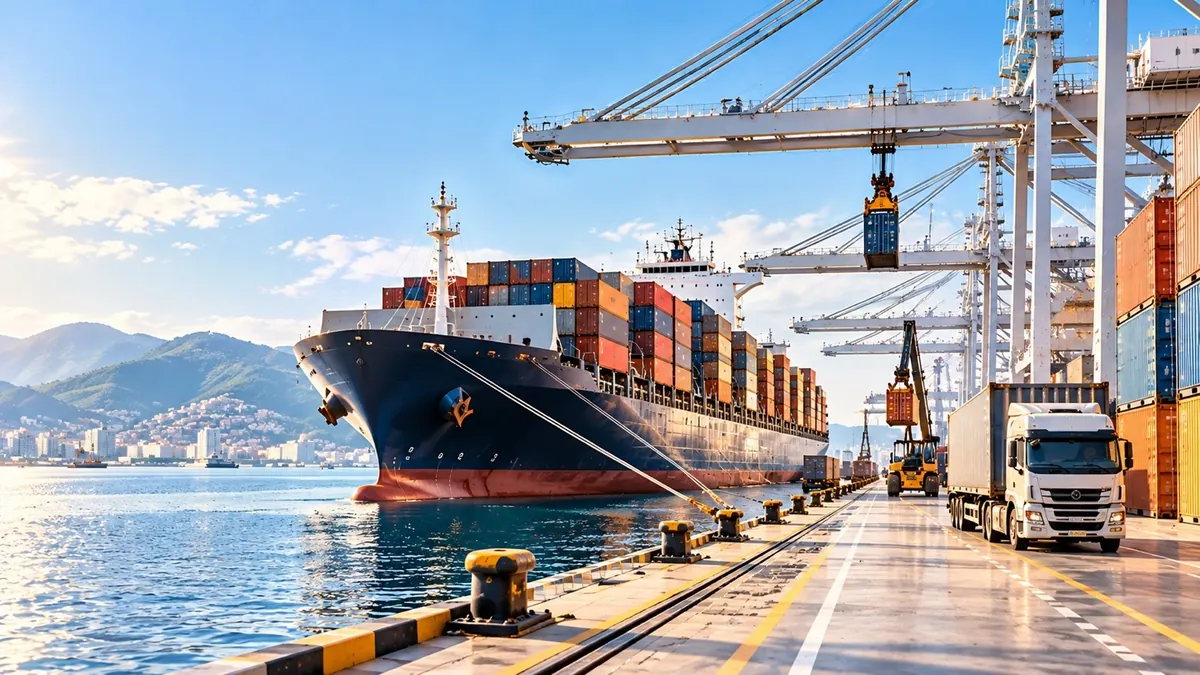 Containerschiff und Lastwagen im Hafenterminal